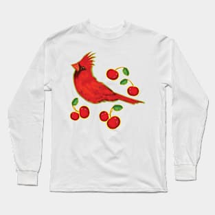 Very Red Bird with cherries - Illustration pattern Long Sleeve T-Shirt